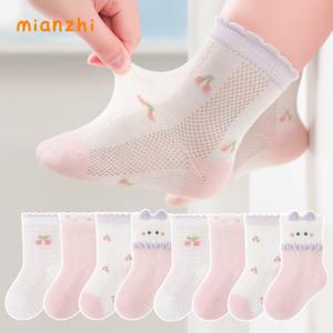 TEMU 만화 핑크 리본 패턴이 있는 MIANZHI 양말 4켤레, 여아용 아기 일본 스타일 다용도 귀여운 체리 미드 튜브 양말, 데일리 레저 라이프에 적합