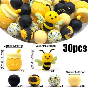 TEMU 30개 실리콘 비즈, 3D 벌 테마 디자인, 해바라기와 벌 패턴이 인쇄된 루즈 라운드 비즈와 매치. 팔찌, 가방 참, 휴대폰 체인, 데일리 장식 및 축제 선물 제작에 이상적인 주얼리 공예 애호가용