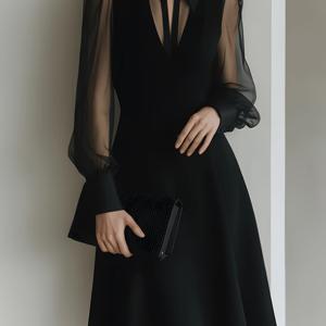 TEMU 단색 메쉬 라펠 칼라 드레스, 허리 슬림 A라인 미디 드레스, 우아한 V넥 시스루 패널 스플라이스 리틀 블랙 드레스. 우아하고 섹시하며 키높이 A라인 밑단. 직장 출퇴근, 디너 파티, 데이트, 애프터눈 티 등 다양한 상황에 적합. 니치 하이엔드 디자인