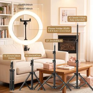 TEMU 10인치 삼색 LED 링 라이트, 전문가용 조절식 삼각대, 높이 47cm/69cm/110cm, 사진/메이크업/셀카/동영상/회의 및 라이브 스트리밍용, 아버지의 날, 어머니의 날, 각종 축제용, 휴대폰 클립 포함