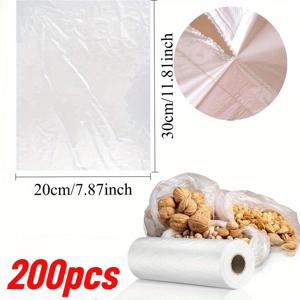 TEMU 비닐봉지 200개, 식품 보관용 봉투, 롤당 200개, 투명 농산물용 봉투, 식품, 채소, 빵, 과일, 고기에 적합 - 1롤