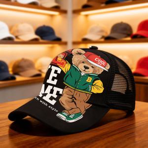 1개 곰돌이 그래픽 및 스포티 스타일 조절 가능한 스냅백 모자 메쉬 캡 손세탁 가능 사계절 적합 통기성 디자인, 튼튼한 구조로 야외 활동에 적합 남녀 공용 선물