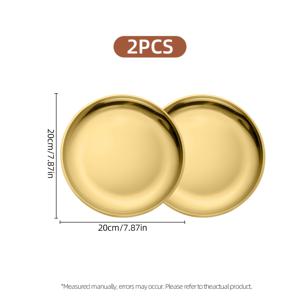 TEMU 골든 스테인리스 스틸 디너 접시 2개, 원형 메탈 접시, 7.9인치(20.5cm), 메탈 샐러드 및 스테이크 접시, BBQ, 디저트, 과일, 라따뚜이용 - 가정 주방, 야외 캠핑, 스낵, 피자, BBQ 다이닝용 재사용 가능 접시, 플랫 접시, 서빙 접시