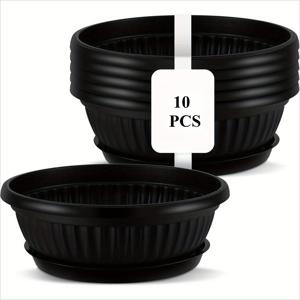 TEMU 10개 식물 화분, 10인치 초대형 플라스틱 꽃 정원 볼 식물 화분 (식물 트레이 포함), 대형 검정색 넓은 입구 얕은 화분 (배수 구멍 포함), 실내 및 실외 꽃 및 허브에 적합, 꽃 트레이 5개 + 트레이 5개 포함