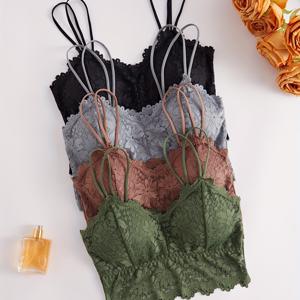 TEMU 백리스 무선 캐미솔 섹시 레이스 란제리 여성용 블랙 카키 그레이 그린 4pcs 세트