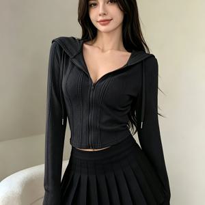 TEMU 여성용 단색 캐주얼 집업 후드 자켓