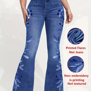TEMU [프린트 팬츠 - 데님 원단 아님] 2D 프린트 효과, 프린트 플레어 바지 - 데님 원단 아님, 여성용 롱 팬츠 모조 데님 모조 프린트 플레어 바지 올 시즌 착용