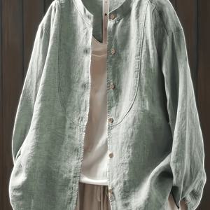 TEMU 빈티지 솔리드 컬러 리넨 셔츠 - 루즈핏 버튼 프론트 클로저 롱 슬리브 블라우스, 라운드 넥 사계절용 우아한 탑, 캐주얼 & 드레시 웨어, 통기성 좋은 리넨 원단 (가슴 패딩 없음)