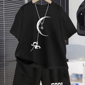 TEMU 소년용 달 프린트 캐주얼 여름 반팔 세트, 야외 스포츠 티셔츠와 반바지, 5-6세, 6-7세, 8-10세, 12-14세, 14세 이상, 액세서리 미포함, 야외 활동에 적합