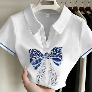 TEMU 우아한 명媛 여성용 여름 화이트 폴로 셔츠, 청화백자 리본 프린트 컬러 라佩라, 슬림핏 숏 브이넥 티셔츠