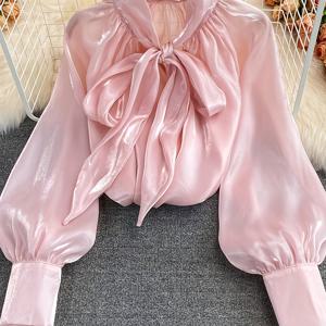 TEMU 핑크 새틴 보우 탑, 프렌치 스타일 퍼프 슬리브 광택 셔츠, 우아한 긴소매 블ouses