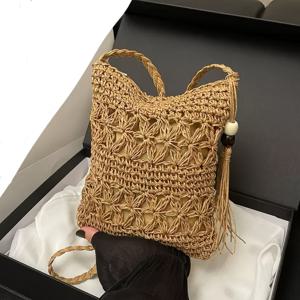 TEMU 여성용 크로스백, INS 스타일 수제 핸드메이드 휴대폰 파우치, 스타버스트 오픈워크 크로셰, 술 장식 및 구슬 장식, 크로스백 또는 핸드헬드로 착용 가능, 통기성 있는 짚 직조 소재, 해변 여행/출퇴근/쇼핑 및 데이트용 다용도, 예술적인 스타일의 미니 수납 파우치