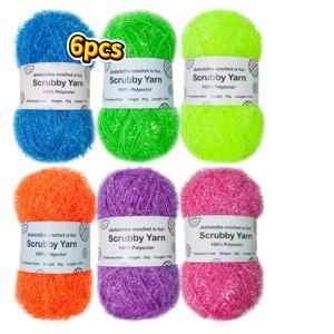 TEMU 6개 세트 스크럽 양모, 행주용, 100% 폴리에스터 스파클 퍼지 스크럽 양모, 내구성 좋은 부드러운 밝은 색상 코바늘 뜨개질 실 스크러버 냄비 스크러버 청소용 천, 수제 뜨개질 공예 양모 (가정 주방용품, 가방 제작, 키체인)