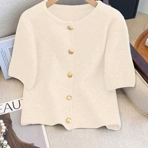 TEMU 여성용 반팔 가디건, 골드 버튼 장식, 라운드넥과 반팔 스타일의 세련된 신상 탑