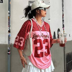 TEMU 여성 웨스턴 스타일 신상 스위트 쿨 스타일 레터 숫자 세로 프린트 V넥 티셔츠 여성 봄 여름 루즈핏 편안한 캐주얼 운동용 반팔 상의