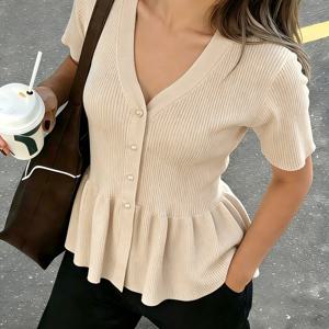 TEMU 프렌치 V넥 허리 집어넣는 러플 진주 버튼 다용도 여름 출퇴근 디자인 하이웨이스트 청바지 완벽한 매치 탑, 캐페 분위기에 어울리는 성격 표현