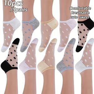 TEMU 보트 삭스 10개/5켤레 - 투명 폴카 도트 리본 유리섬유 フィッ 스타킹 일본식 귀여운 활용도 높은 투명 ローカット 양말
