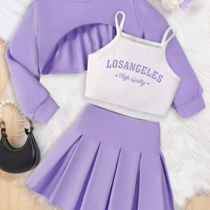 TEMU 고평균 평점 여아용 의상, 개성 넘치는 다용도 화이트 레터 캐미솔 & 퍼플 솔리드 숏 탑 & 퍼플 플리츠 스커트, 부드러운 소재, 패셔너블하고 피부 친화적, 생생하고 우아함, 향상 및 학문적 분위기, 생일 선물 필수템
