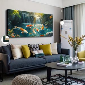 TEMU 2D 플랫, 2D 플랫, 2D 플랫 대형 프레임 캔버스 아트워크, 리얼 스타일, 50X100Cm (20X40인치) 벽 장식, 물줄기에서 뛰어나는 물고기 장면, 거실, 주방, 침실, 식당 장식에 적합