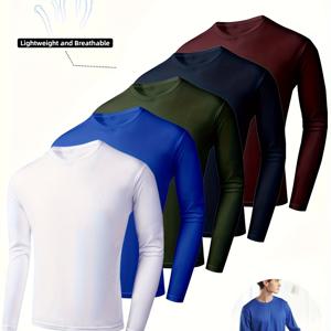 TEMU 남성용 퀵드라이 긴팔 스포츠 셔츠 5pcs - 화이트, 버건디, , 네이비, 아미그린 클래식 솔리드 컬러 | 러닝/헬스/트레이닝용 통기성 & 흡습성 | 신축성, 세탁 가능 & 냄새 방지