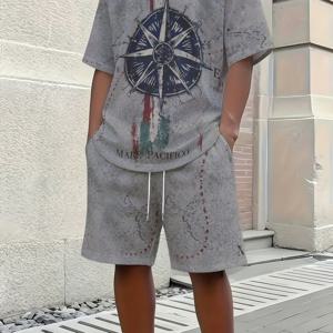 TEMU 남성용 캐주얼 항해 나침반 장방향 나침도 T-셔츠와 드로스트링 반바지 세트 - 빈티지 Mare Pacifico 세계 지도 프린트 여행 그래픽 티, 여유로운 핏 여름용 2피스 의상, 야외 모험용