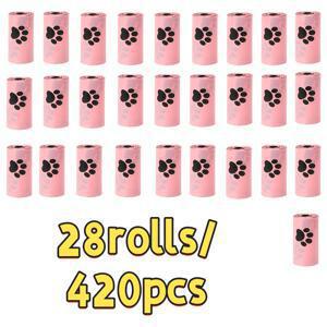 TEMU 28롤/420개 핑크색 두꺼운 튼튼한 강아지 배변 봉투 두꺼운 애완 동물 배변 봉투 휴대용 스타일 애완 동물 청소 쓰레기 봉투 야외 애완 동물 산책용 풀아웃 애완 동물 쓰레기 봉투 애완 동물 청소 선호 재료 두꺼운 데일리 사용에 적합 밀폐 잠금 냄새 방지