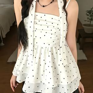 TEMU 폴카 도트 러플 트림 캐미솔 탑, 스위트하고 엣지있는 스파이시한 루즈핏 캐미 탱크탑, 무료 넥타이 포함