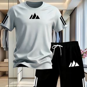 TEMU 남성용 캐주얼 스포티 패션 반팔 반바지 2종 세트, 트렌디한 2D 프린팅 패턴, 남성용 여름 반팔 반바지 스포츠 2종 세트, 폴리에스터 섬유 통기성 속건성 크루넥 티셔츠와 드로스트링 반바지 2종 세트, 야외 달리기, 피트니스, 데일리 캐주얼웨어, 집과 외출용으로 편안한 경량 스포츠웨어 2종 세트