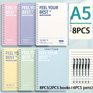 TEMU 8개 세트 (스파이럴 노트 2개 (랜덤 색상) + 펜 6개 포함), A5 하드커버 스파이럴 노트, 찢을 수 있는 가로 세로 라인, 사무용품 및 학습 용품, 크리스마스 선물, 귀여운 노트