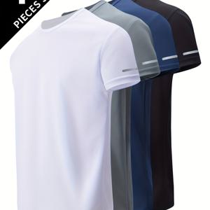 TEMU 남성용 반사 여름용 통기성 빠른 건조 티셔츠 4pcs, 러닝, 피트니스 트레이닝, 반팔 라운드넥 상의