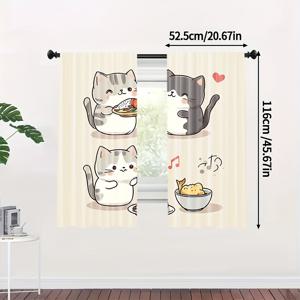 TEMU 2pcs 귀여운 고양이 셰프 커튼 - 2D 플랫 프린팅, 막대 없는 폴리에스터, 조명 필터링, 침실, 거실, 사무실 및 기숙사 장식에 완벽한 귀여운 만화 고양이 디자인, 하트 및 접시 삽화, 거실용 커튼