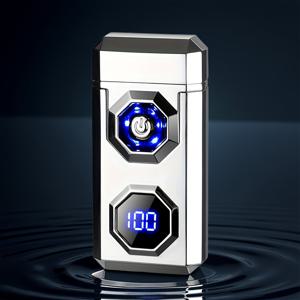 TEMU 460mAh 빅 플레임 고출력 듀얼 아크 방풍 전자 메탈 USB 충전식 배터리 디스플레이 전기 플라즈마 라이터 LED 강력한 조명 손전등 남녀 선물 야외 하이킹 생존 도구, 배터리 포함