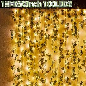 TEMU 1개 신형 리튬 배터리 태양광 요정 조명, 50/100 LED 인공 아이비 요정 스트링 조명 (8가지 조명 모드), 야외 정원, 벽, 발코니, 울타리, 나무, 결혼식, 파티, 레스토랑 장식에 적합, IP54