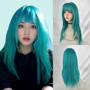 TEMU 그린 블루 인조 긴 앞머리 여성용 가발, 코스프레용 푹신한 내열성 가발, 데일리 파티용