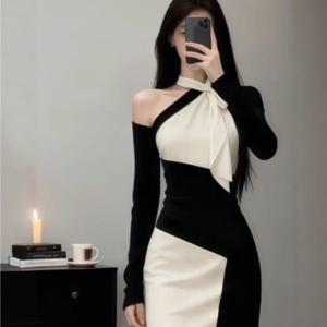TEMU 여성 배색 오프숄더 원피스 슬림핏 원숄더 섹시한 미니 드레스 사선넥 몸매보정 날씬해보이는 타이트한 데이트룩 파티룩 클럽룩 연말룩 가을 겨울 언발란스 페미닌