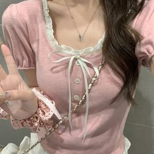 TEMU 여성 리본 레이스 반팔 티셔츠 골지 티 슬림핏 크롭 상의 프릴 넥 퍼프소매 날씬해보이는 러블리 페미닌 발레코어 하이틴 데이트룩 꾸안꾸 핑크