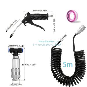 TEMU 블로우건 세트 포함 PU 코일형 에어 호스, 5m 5x8mm 고탄성 리코일 공기 압축기 호스 키트, T자형 커넥터, 퀵 커넥트 피팅 및 테플론 테이프 포함, 먼지 청소 및 자동차용