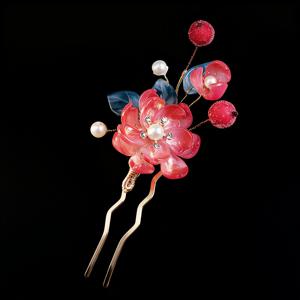 TEMU 로맨틱 한 푸 머리핀, 핑크/레드 꽃과 베리가 있는 머리 포크, 여성을 위한 빈티지 중국식 꽃무늬 헤어 액세서리, 우아한 신부용 및 데일리용 머리핀