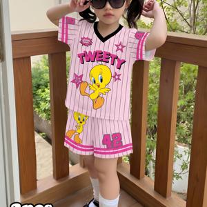 TEMU 트위티 여아용 핑크 반팔 티셔츠 & 반바지 세트, 워너 컷트 트위티 아이렛 여아 세트, 2pcs, V넥, 스포츠, 야외 활동 및 일상복에 적합, 통기성, 컬러 블록 디자인, 12~14세 여아용 의류, 야외용
