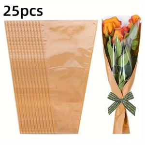 25개 투명 꽃다발 슬리브, 벌과 잎 테마, 크라프트 종이 꽃 포장 백, 결혼식, 생일, 졸업식 및 어버이날 선물용으로 적합