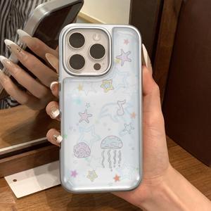 TEMU 폰 케이스: 귀여운 하늘색 바다 생명체 몽환적인 패턴 케이스, 아이폰 17 PRO MAX, 아이폰 16 PRO, 15, 14, 13, P12, P11, P12 호환, 낙하 방지, 심플하고 창의적인, 고급스러운 전기도금 에폭시 수지 보호 커버. 휴일 선물, 다양한 상황에 적합