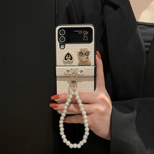 TEMU 휴대폰 케이스 - 패션 우븐 텍스처 곰돌이 하트 접이식 스크린 폰 케이스, 진주 체인 포함, 갤럭시 Z 플립 3 4 5 6 7 풀 커버리지 접이식 폰 케이스