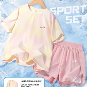 TEMU GRN 유아용 여아 여름 반바지 세트 2pcs, 랜덤 타이다이 패턴 반팔 티셔츠, 스트레치 2-in-1 룩 반바지, 기하학적 프린트, 캐주얼 및 운동복에 적합, 야외 활동에 완벽