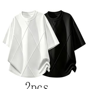TEMU 남성용 아이스 실키 섬유 티셔츠 2개 - 부드럽고 통기성 좋은 반팔 라운드넥 루즈핏, 캐주얼 및 아웃도어용, 은은한 사이드 스트라이프가 있는 단색 베이스, 봄 여름 가을 레이어링용 기계 세탁 가능 (Non-)