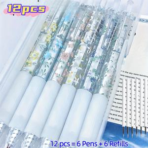 TEMU 12개입 자동 리필 펜, 중간 0.5mm 팁, 속건성 블랙 잉크 및 사랑스러운 플로럴 디자인, 다이어리 및 사무용품에 적합