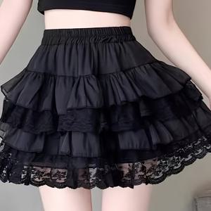 TEMU 다크 고딕 레이스 패치워크 멀티 레이어 러플 케이크 스커트, 봄/여름 다크 하이웨이스트 퍼피 A라인 숏 스커트, 하이웨이스트 멀티 레이어 레이스 케이크 스커트, 개성 넘치는 핫 뮤직 페스티벌 스트리트 스타일 의상