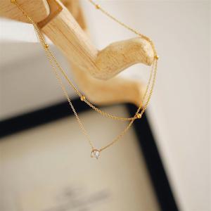 TEMU 이중 레이어 디자인 싱글 라인스톤 골드 스테인리스 스틸 목걸이, 패셔너블하고 개성 있는 흉골 목걸이, 비즈 디자인, 여성 데일리룩에 다용도로 적합, 선물, 발렌타인데이, 어버이날에 적합
