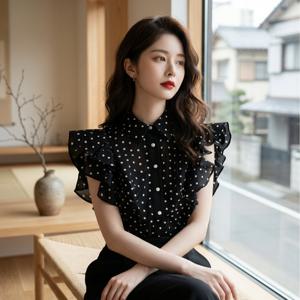 TEMU 여성 도트 프릴 카라 블라우스 땡땡이 민소매 나시 셔츠 캡소매 팔뚝커버 체형커버 시원한 쉬폰 오피스룩 하객룩 데이트룩 러블리 페미닌 블랙 격식있는 출근룩