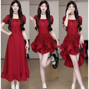 TEMU 빅사이즈 스퀘어넥 셔링 원피스 3WAY 연출 스트링 반팔 롱원피스 날씬해보이는 체형커버 프렌치룩 페미닌 하객룩 데이트룩 퍼프소매 블랙