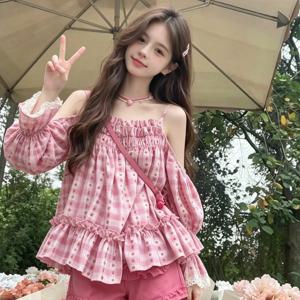 TEMU 여름 스위트 모리 스타일 멜빵 오프숄더 체크 프린트 탑 / 우드 이어 엣지 디자인은 발랄하고 귀여워, 십 대 소녀에게 매우 적합 / 스위트 걸 아웃핏, 십 대용, 십 대용